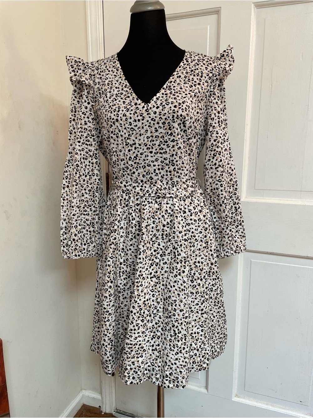 J. Crew Cream and Black Leopard Print V-Neck Long Sleeve Dress